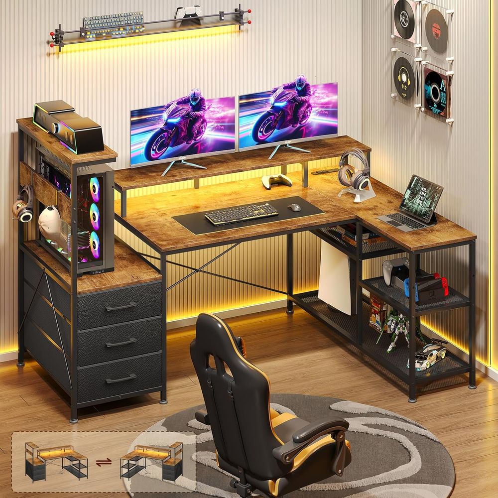 Monitor Stand - L-Shaped Gaming Desk with Drawers, Storage,