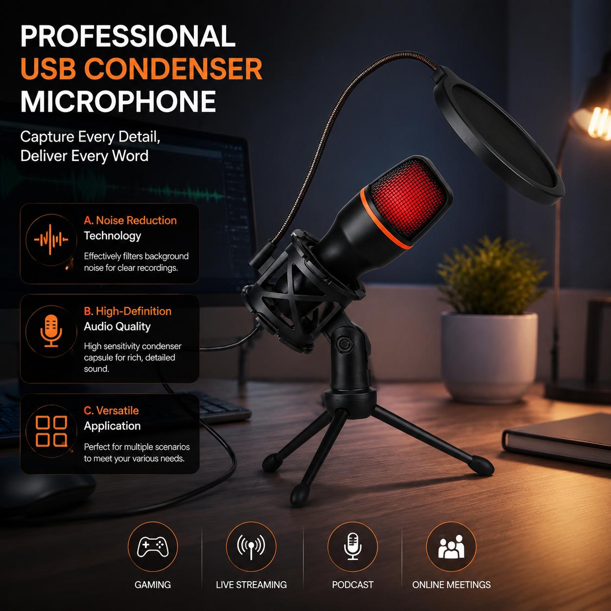 Pc Gaming Youtube - Professional Condenser Microphone Kit with Tripod