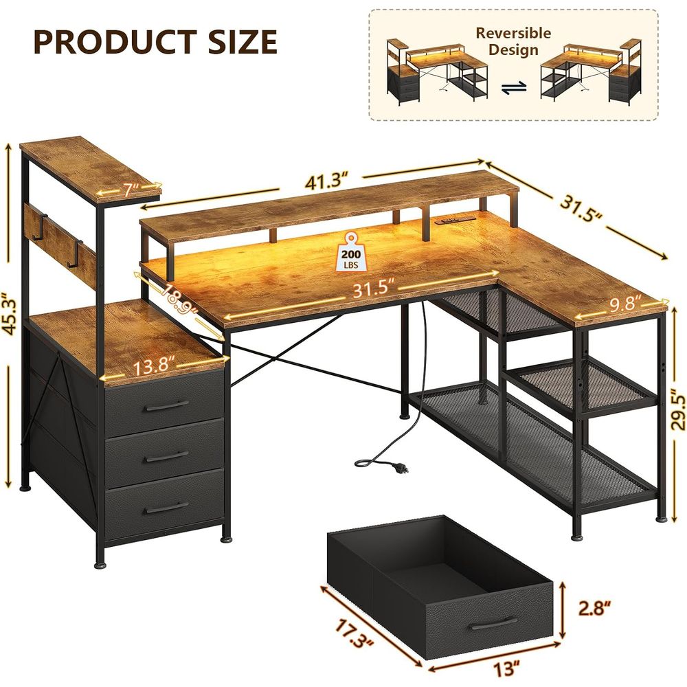 L-Shaped Gaming Desk with Draw - đánh giá và giá Monitor Stand